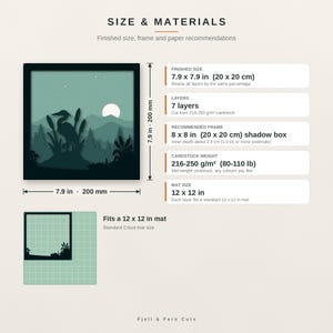 Puede incluir: Un dise&ntilde;o de papel en capas que muestra la silueta de una garza en un paisaje de pantano con monta&ntilde;as y una luna. El gr&aacute;fico incluye el texto: SIZE & MATERIALS, 7.9 x 7.9 in (20 x 20 cm), 7 layers, 8 x 8 in shadow box y Fjell & Fern Cuts.