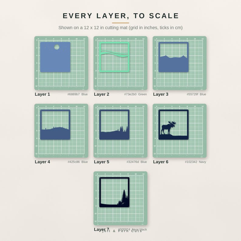 May include: Seven square layered paper cutouts displayed on a 12 x 12 inch cutting mat. The layers feature various blue and green shades, depicting a landscape with mountains, trees, and a moose silhouette, labeled Layer 1 through Layer 7.