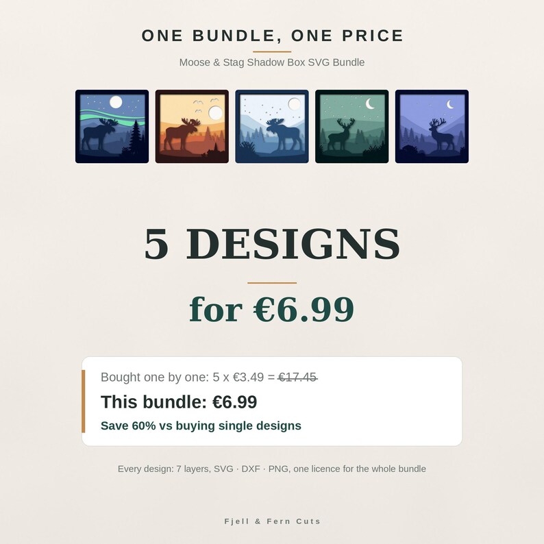 Puede incluir: Un paquete digital titulado ONE BUNDLE, ONE PRICE Moose & Stag Shadow Box SVG Bundle que presenta cinco dise&ntilde;os gr&aacute;ficos cuadrados de alces y ciervos en varios paisajes con lunas, monta&ntilde;as y &aacute;rboles. El texto incluye 5 DESIGNS.