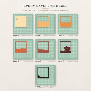 キツネの影絵SVG、レイヤードされた眠っているキツネのSVGファイル、3Dペーパーカットクリカットカットファイル、秋の夕日 画像 3