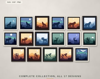 May include: A collection of 17 square digital art designs featuring layered silhouettes of animals including wolves, moose, deer, herons, and hummingbirds in various landscapes with moons, mountains, and forests. Text reads 17 DESIGNS SVG DXF PNG.