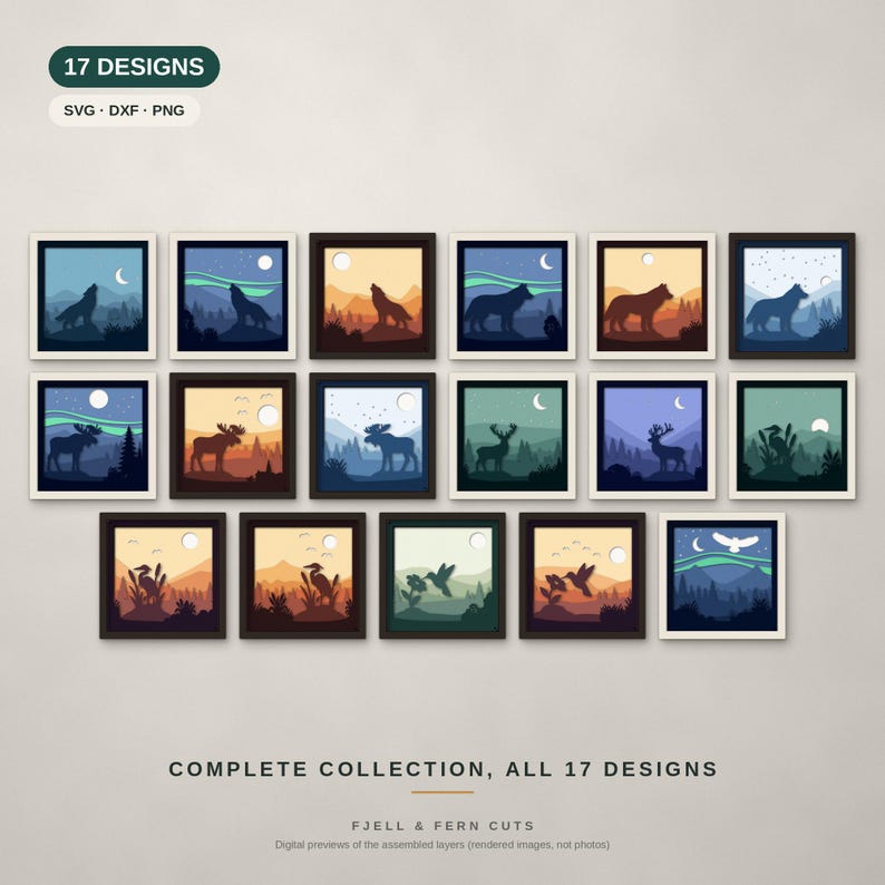 May include: A collection of 17 square digital art designs featuring layered silhouettes of animals including wolves, moose, deer, herons, and hummingbirds in various landscapes with moons, mountains, and forests. Text reads 17 DESIGNS SVG DXF PNG.