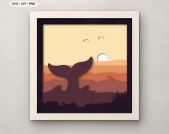 Whale Shadow Box SVG, Layered Whale Tail SVG Files, 3D Papercut Cricut Cut File, Golden Dawn