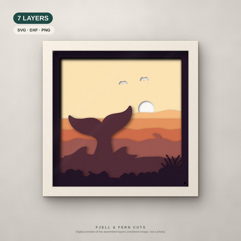 Whale Shadow Box SVG, Layered Whale Tail SVG Files, 3D Papercut Cricut Cut File, Golden Dawn image 1