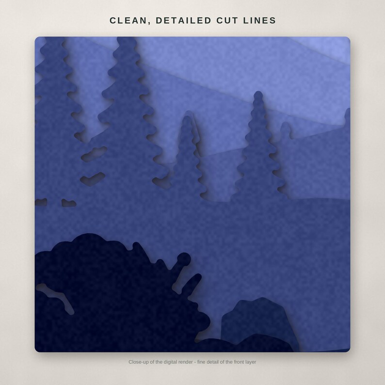 Puede incluir: Un gr&aacute;fico digital en capas que muestra un paisaje forestal en tonos azules con el texto CLEAN, DETAILED CUT LINES en la parte superior y Close-up of the digital render - fine detail of the front layer en la parte inferior.