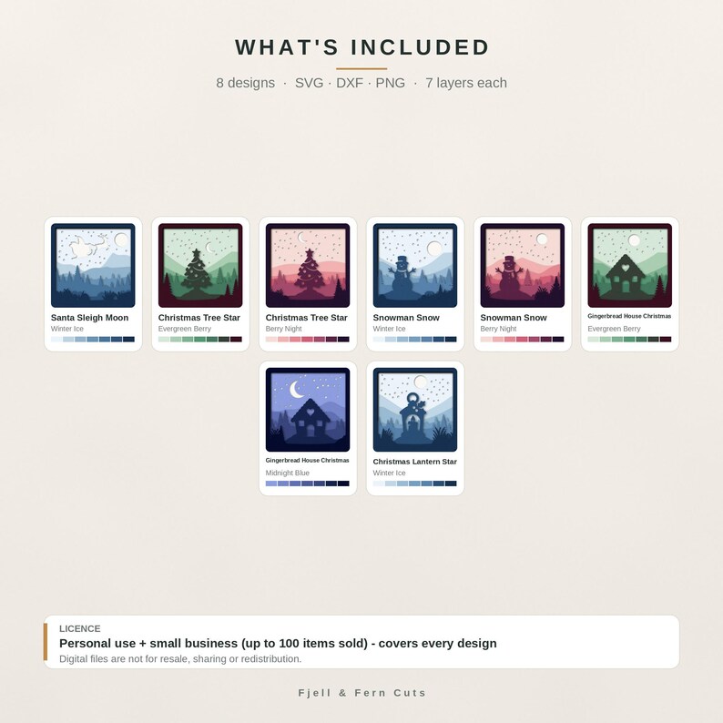 May include: A digital collection of 8 layered Christmas designs in SVG, DXF, and PNG formats. The set includes illustrations of Santa, Christmas trees, snowmen, gingerbread houses, and a lantern, each featuring 7 layers and color palettes.