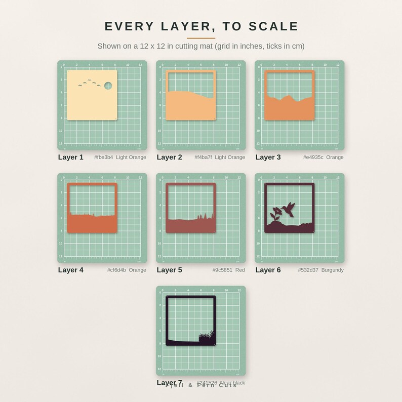 May include: Seven square layered paper cutouts displayed on a 12 x 12 inch cutting mat. The layers feature landscape designs in shades of orange, red, burgundy, and black, including a hummingbird and flower silhouette. Text reads EVERY LAYER, TO SCALE.
