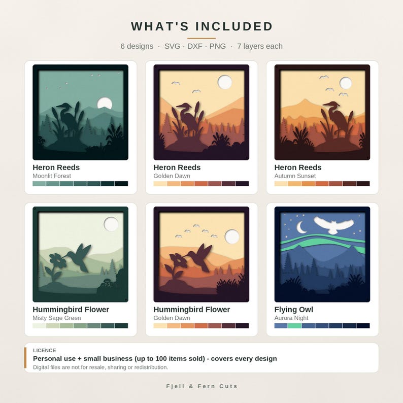 May include: A digital collection of six layered paper-cut style designs including Heron Reeds, Hummingbird Flower, and Flying Owl. Each square graphic features nature scenes with silhouettes of birds, mountains, and flora in various color palettes.