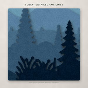 May include: A layered paper-cut style digital graphic featuring a forest landscape in shades of blue. The image displays silhouettes of pine trees and bushes with the text CLEAN, DETAILED CUT LINES at the top and a caption at the bottom.