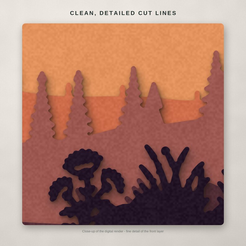 Op de afbeelding: Een digitale afbeelding in gelaagde papierknipstijl met de tekst CLEAN, DETAILED CUT LINES bovenaan. Het ontwerp toont silhouetten van dennenbomen en woestijnflora in tinten oranje, terracotta en donkerpaars voor extra diepte.