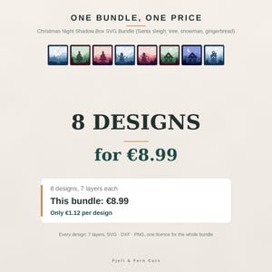 May include: A digital bundle of 8 Christmas Night Shadow Box SVG designs featuring layered scenes of Santa's sleigh, trees, snowmen, and gingerbread houses in various color palettes. The text reads ONE BUNDLE, ONE PRICE, 8 DESIGNS, and Fjell & Fern Cuts.
