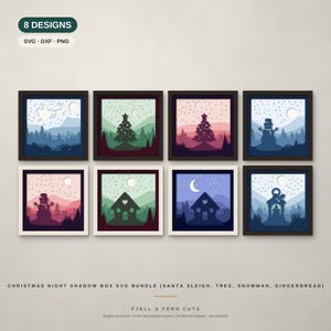 May include: A digital bundle of 8 Christmas night shadow box designs featuring layered silhouettes of Santa's sleigh, pine trees, snowmen, and houses. The collection includes SVG, DXF, and PNG files labeled as Christmas Night Shadow Box SVG Bundle.