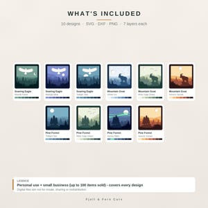 May include: A digital collection of 10 layered designs featuring nature scenes with eagles, mountain goats, and pine forests. Each design includes SVG, DXF, and PNG file formats with 7 layers. Text includes WHAT'S INCLUDED and LICENCE.