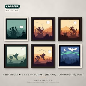 May include: A digital bundle of six square shadow box designs featuring layered paper-cut style illustrations of herons, hummingbirds, and an owl in natural landscapes. Text includes 6 DESIGNS, SVG, DXF, PNG, and BIRD SHADOW BOX SVG BUNDLE.