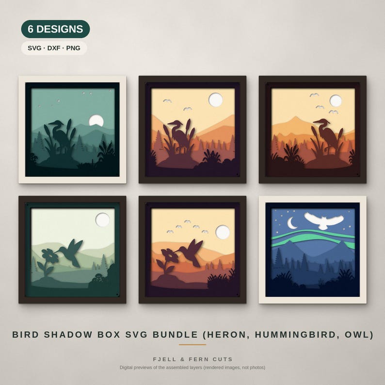 May include: A digital bundle of six square shadow box designs featuring layered paper-cut style illustrations of herons, hummingbirds, and an owl in natural landscapes. Text includes 6 DESIGNS, SVG, DXF, PNG, and BIRD SHADOW BOX SVG BUNDLE.