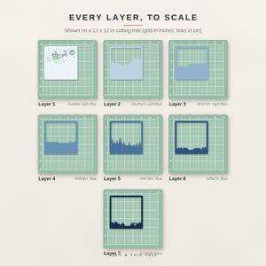 May include: Seven square paper layers displayed on a 12 x 12 inch cutting mat. Each layer features a unique die-cut landscape design in varying shades of blue, ranging from light blue to navy, labeled Layer 1 through Layer 7.
