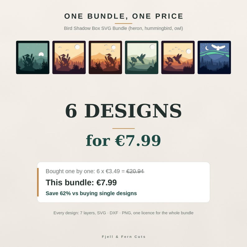 May include: A digital bundle of six bird shadow box designs including a heron, hummingbird, and owl. The graphic displays the text ONE BUNDLE, ONE PRICE, Bird Shadow Box SVG Bundle, 6 DESIGNS, and file formats including SVG, DXF, and PNG.