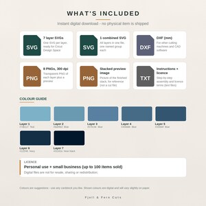 May include: A digital file package containing 7 layer SVGs, 1 combined SVG, a DXF file, 8 PNGs, a stacked preview image, and instruction text files. A color guide displays 7 blue and navy shades for layers, with a personal use license.