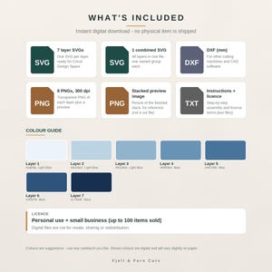 May include: A digital download file set including 7 layer SVGs, 1 combined SVG, a DXF file, 8 PNGs, a stacked preview image, and instructions. A color guide displays 7 shades of blue from light to navy, and a license section is included.