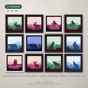 May include: A digital collection of 12 layered shadow box designs featuring woodland animals like reindeer, polar bears, owls, and wolves in snowy landscapes. The set includes SVG, DXF, and PNG files labeled Christmas Woodland Shadow Box SVG Bundle.