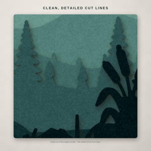 Puede incluir: Un dise&ntilde;o de papel multicapa en verde azulado y verde oscuro con siluetas de pinos y espada&ntilde;as. El texto CLEAN, DETAILED CUT LINES aparece en la parte superior, y el texto Close-up of the digital render - line detail of the front layer aparece en la parte inferior.