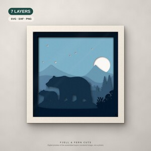 SVG Boîte d'ombre d'ours, fichiers SVG superposés Maman ours et son ourson, fichier de découpe Cricut 3D, bleu sarcelle crépuscule image 1