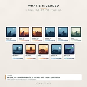 Op de afbeelding: Een digitale collectie van 11 gelaagde dierontwerpen, waaronder vossen, konijnen, uilen en beren in diverse kleurenpaletten. Elke vierkante afbeelding toont een silhouet van een dier tegen een landschap met een maan. Tekst bevat WHAT'S INCLUDED, 11 designs, SVG, DXF, PNG, 7 layers each en licentiegegevens.