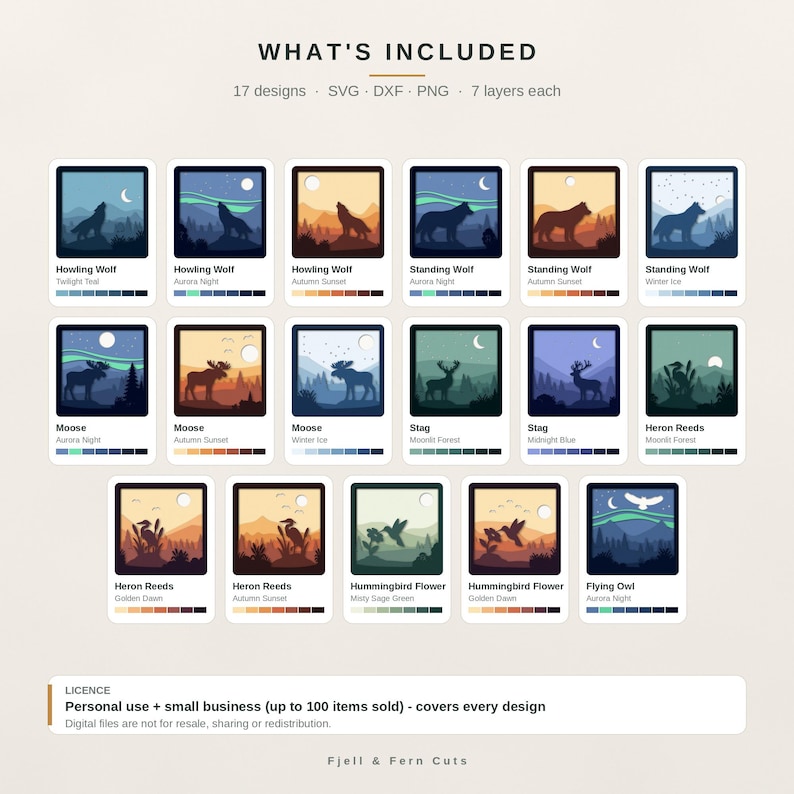 May include: A digital collection of 17 layered designs featuring silhouettes of wolves, moose, stags, herons, hummingbirds, and an owl in various landscapes. Each square graphic includes colour palettes and labels like Howling Wolf, Moose, and Flying Owl. The text reads WHAT'S INCLUDED, 17 designs, SVG, DXF, PNG, 7 layers each, and LICENCE Personal use + small business.