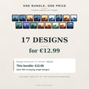 May include: A digital collection of 17 layered nature-themed designs featuring silhouettes of animals like wolves, moose, and deer in various landscapes. The text reads ONE BUNDLE, ONE PRICE, 17 DESIGNS, and Fjell & Fern Cuts.