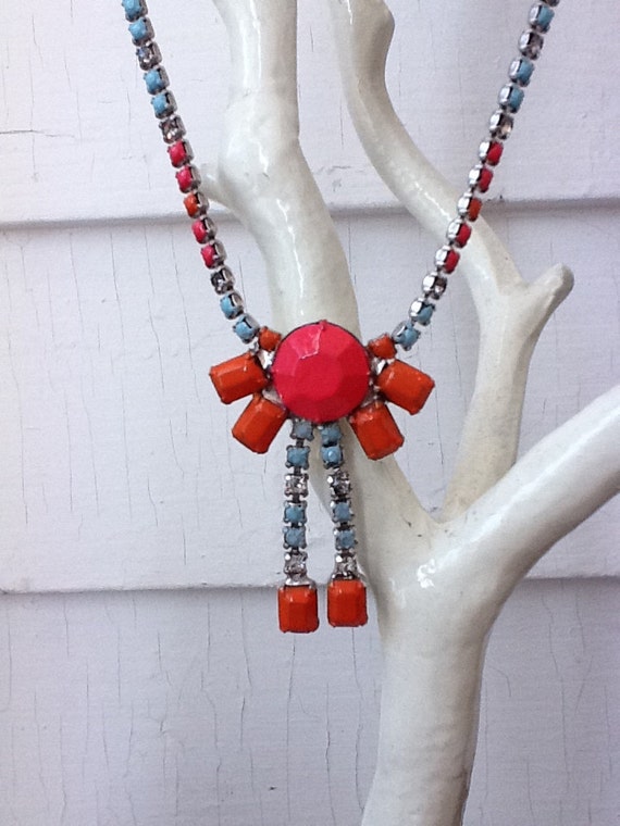 Items similar to colorful hand painted vintage rhinestone necklace