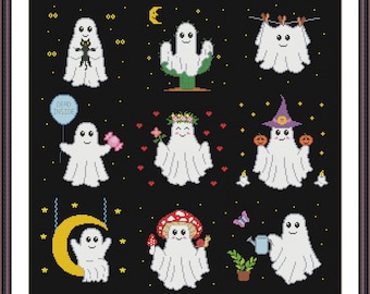 May include: Nine cute white ghosts with different expressions and accessories on a black background. The ghosts are holding a black cat, a flower, a pumpkin, a mushroom, a watering can, and a balloon that says "Boo Inside".