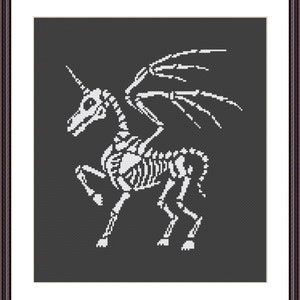May include: A white skeletal unicorn with wings against a black background. The unicorn is facing the left side of the image and has a single horn on its head.