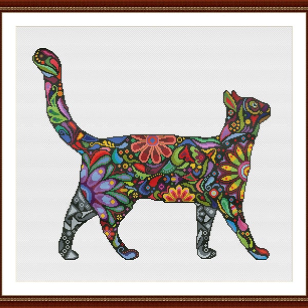 Colorful Abstract Cat Cross Stitch Pattern PDF Instant Download