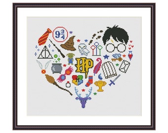 May include: A cross-stitch pattern featuring a heart-shaped design filled with Harry Potter themed icons, including the Hogwarts crest, a golden snitch, a wand, and the number "9 3/4".
