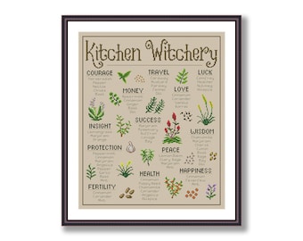 Kitchen Witchery Herbs and Spices Cross Stitch Pattern PDF - Botany, Witchy, Witch, Flowers - Garden, Kitchen, Measurement, Cooking, Floral