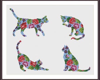 Floral Cat cross stitch pattern - set of 4 patterns - Instant Download PDF