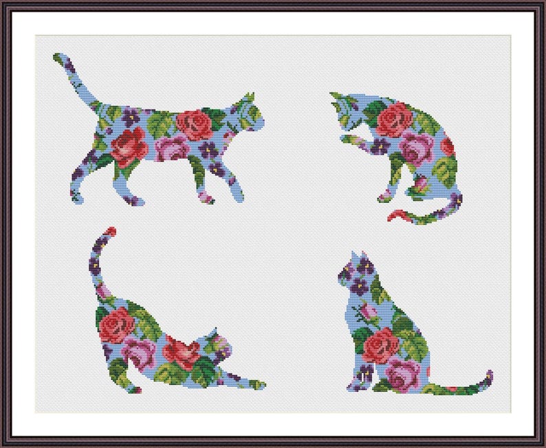 Floral Cat cross stitch pattern set of 4 patterns Instant Etsy