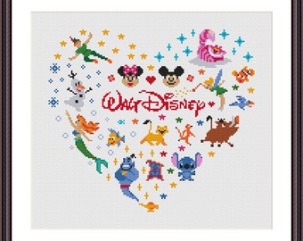 May include: A white cross-stitch pattern featuring a heart shape filled with various Disney characters, including Mickey Mouse, Minnie Mouse, Ariel, Stitch, and more. The text "Walt Disney" is in red letters at the center of the heart.