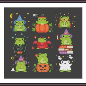 Cute Halloween Frogs Set of 9 Cross Stitch Pattern PDF - Witchy, Witch, Halloween, Animal Embroidery