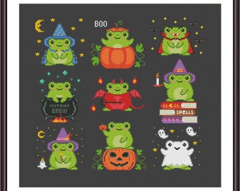 Cute Halloween Frogs Set of 9 Cross Stitch Pattern PDF - Witchy, Witch, Halloween, Animal Embroidery