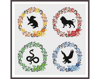 Four House Floral Crests 2 - Movie Fan Art Cross stitch pattern PDF Instant Download