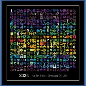 Può includere: Un campionario a punto croce con sfondo nero e una griglia di icone pixelate colorate. Le icone includono cuori, stelle e altri simboli. Il testo "2024 1428 Elm Street Springwood, OH USA" è in basso.