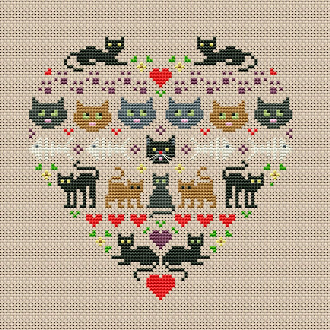 Heart and Cats 1 cross stitch pattern Instant Download PDF Etsy