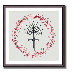 Può includere: Ricamo a punto croce in una cornice marrone scuro. Il disegno presenta un albero e una spada neri, con una scritta rossa che circonda l'immagine. Lo sfondo è beige chiaro.