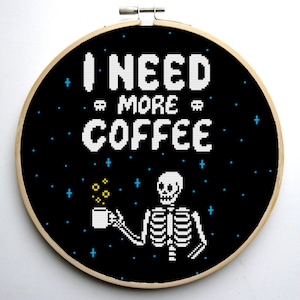 Cross stitch pattern Skeleton I need more coffee Funny Meditation Instant Download