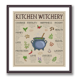 Cute Kitchen Witchery Cross Stitch Pattern PDF - Botany, Witchy, Witch, Herbs, Flowers - Garden, Kitchen, Witchy, Measurement, Cooking