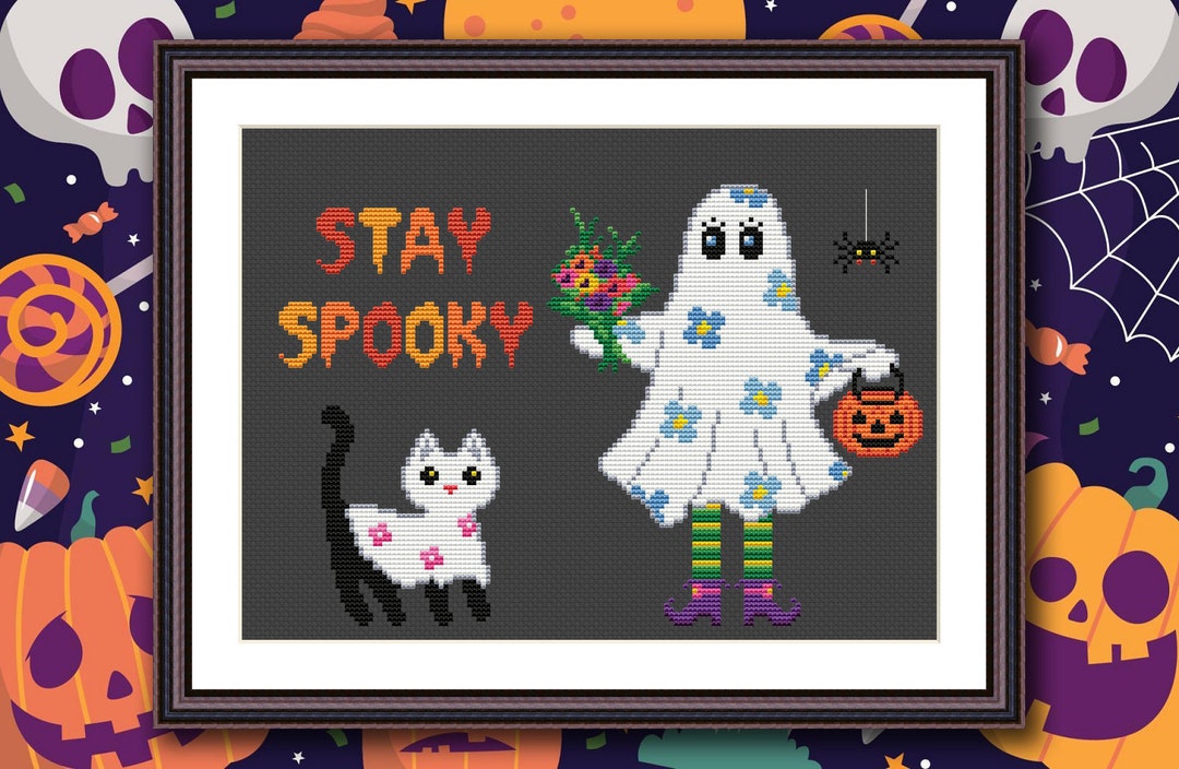 Cute Halloween Girl Floral Ghost and Cat Cross Stitch Pattern PDF ...