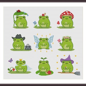 Cute Happy Green Frogs Set of 9 Cross Stitch PDF Pattern Cute Animal Embroidery  Instant Download