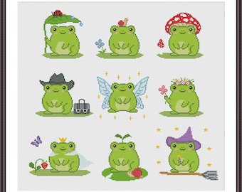 Cute Happy Green Frogs Set of 9 Cross Stitch PDF Pattern Cute Animal Embroidery  Instant Download