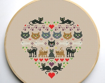 Heart and Cats 1 cross stitch pattern Instant Download PDF